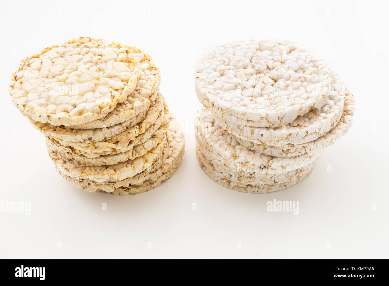 Round rice and corn cakes/ crackers, on white background Stock Photo
