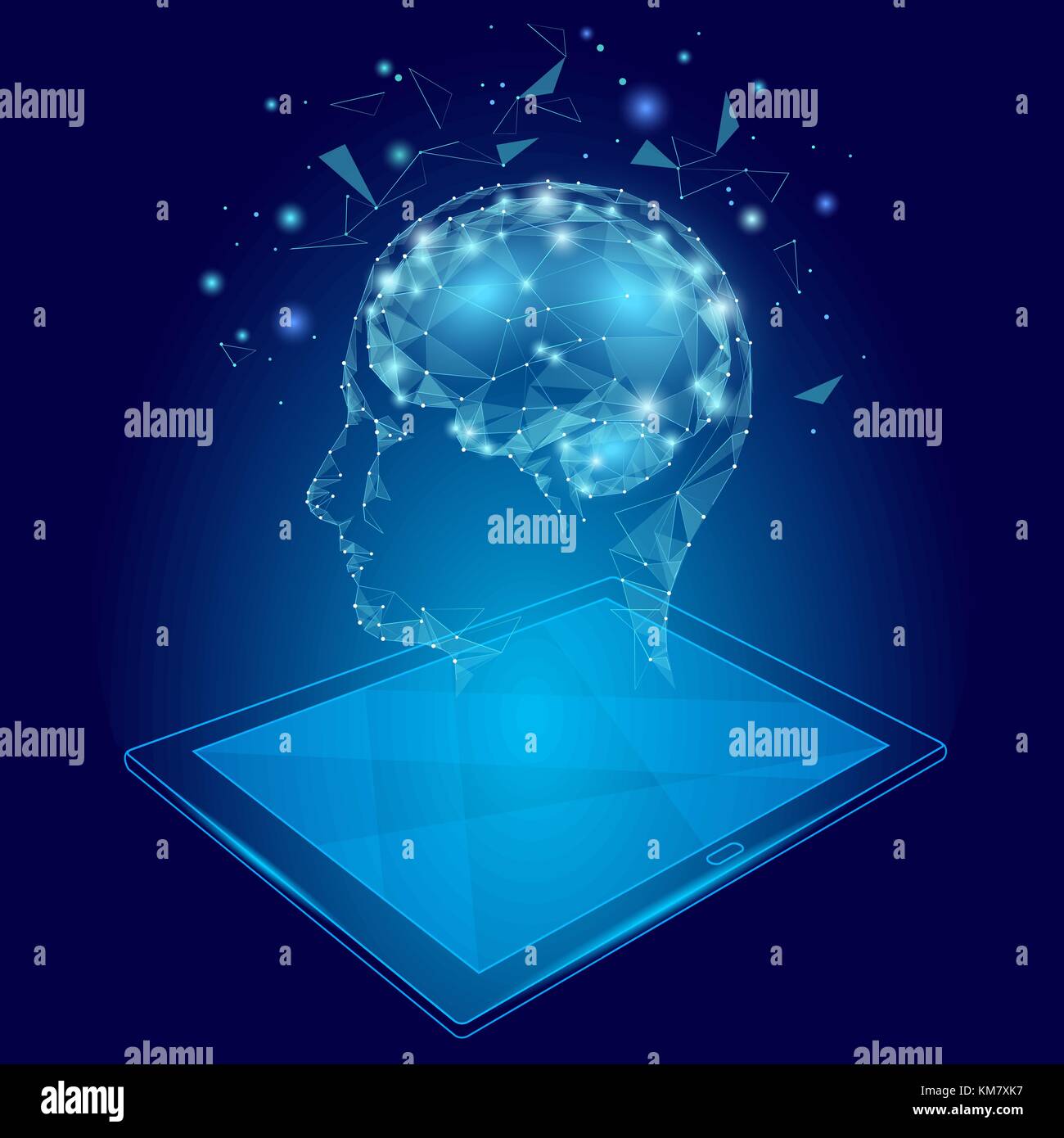 Low poly abstract brain tablet pc virtual reality concept. Geometric polygonal hologram mind imagination innovation modern vector illustration active education online extra mental intelligence Stock Vector