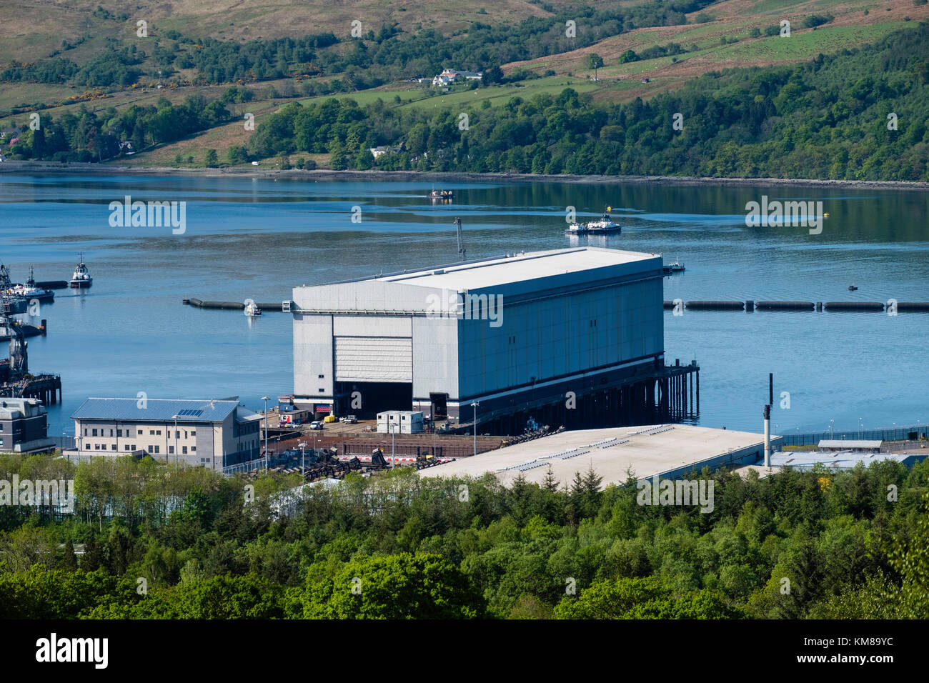 View of Faslane Nuclear Submarine Base on the Gare Loch in Argyll and Bute, Scotland, United Kingdom Stock Photo