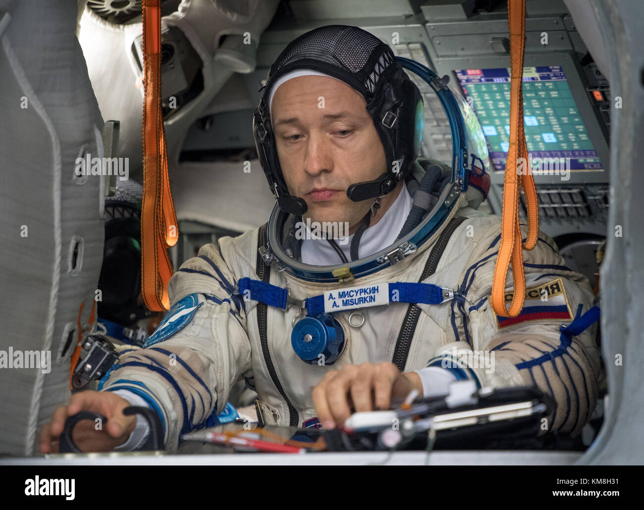 NASA International Space Station (ISS) Expedition 53 prime crew member Russian cosmonaut Alexander Misurkin of Roscosmos starts his Soyuz qualification exams inside the Soyuz simulator prior to the Soyuz MS-06 spacecraft launch at the Gagarin Cosmonaut Training Center August 31, 2017 in Star City, Russia.  (photo by Bill Ingalls  via Planetpix) Stock Photo