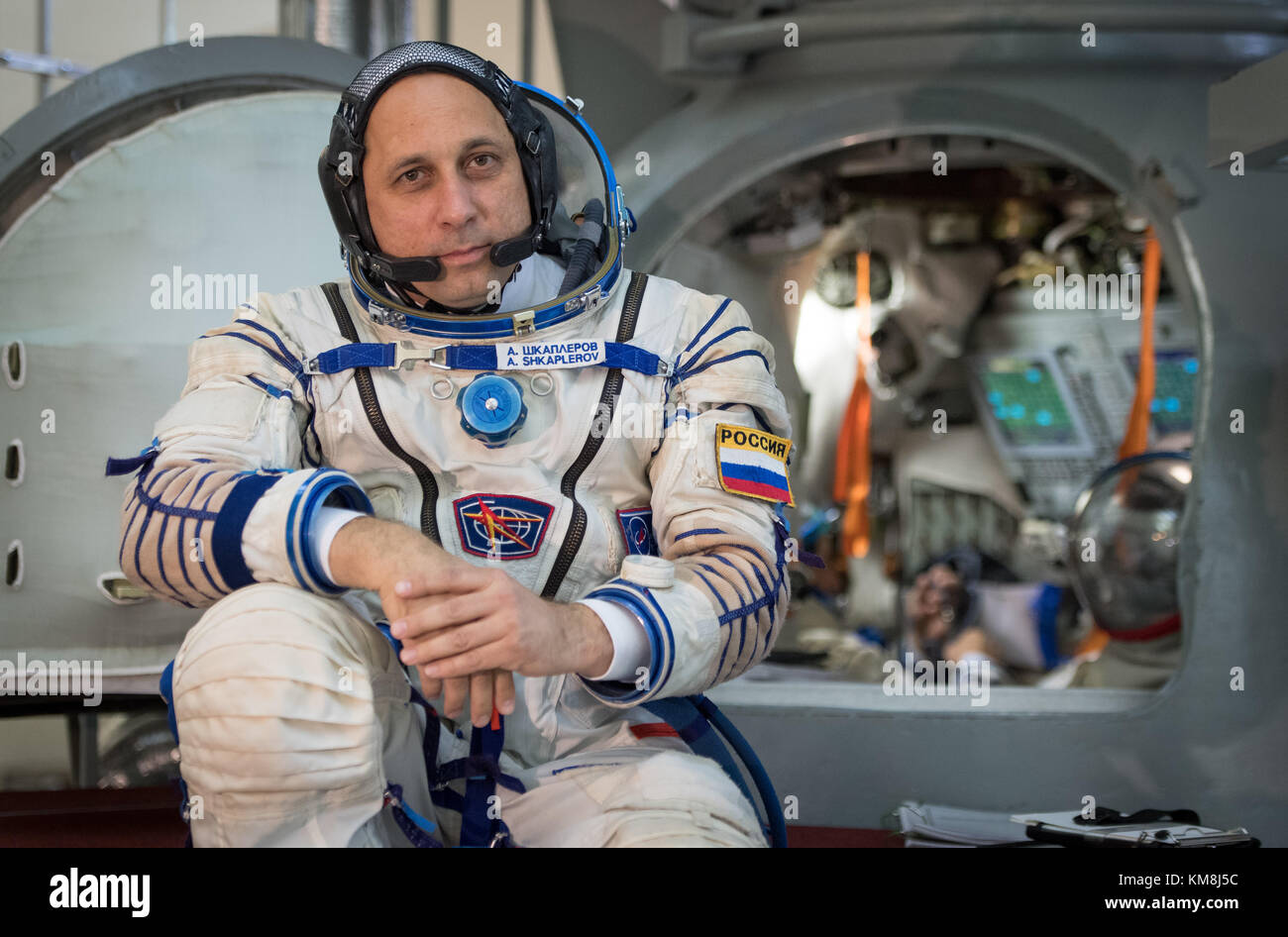 NASA International Space Station Expedition 53 backup crew member Russian cosmonaut Anton Shkaplerov of Roscosmos waits to enter the Soyuz MS-06 spacecraft simulator during during his Soyuz qualification exams at the Gagarin Cosmonaut Training Center August 30, 2017 in Star City, Russia. (photo by Bill Ingalls  via Planetpix) Stock Photo