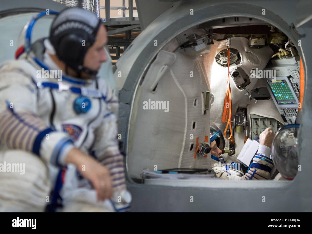 NASA International Space Station Expedition 53 backup crew member Russian cosmonaut Anton Shkaplerov of Roscosmos waits to enter the Soyuz MS-06 spacecraft simulator during during his Soyuz qualification exams at the Gagarin Cosmonaut Training Center August 30, 2017 in Star City, Russia.  (photo by Bill Ingalls  via Planetpix) Stock Photo