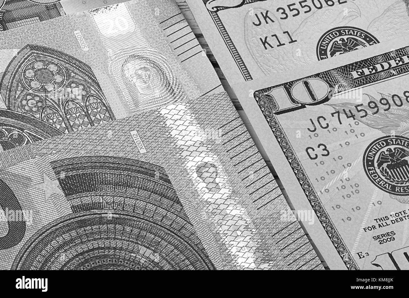 US dollar and euro abstract background black and white Stock Photo - Alamy