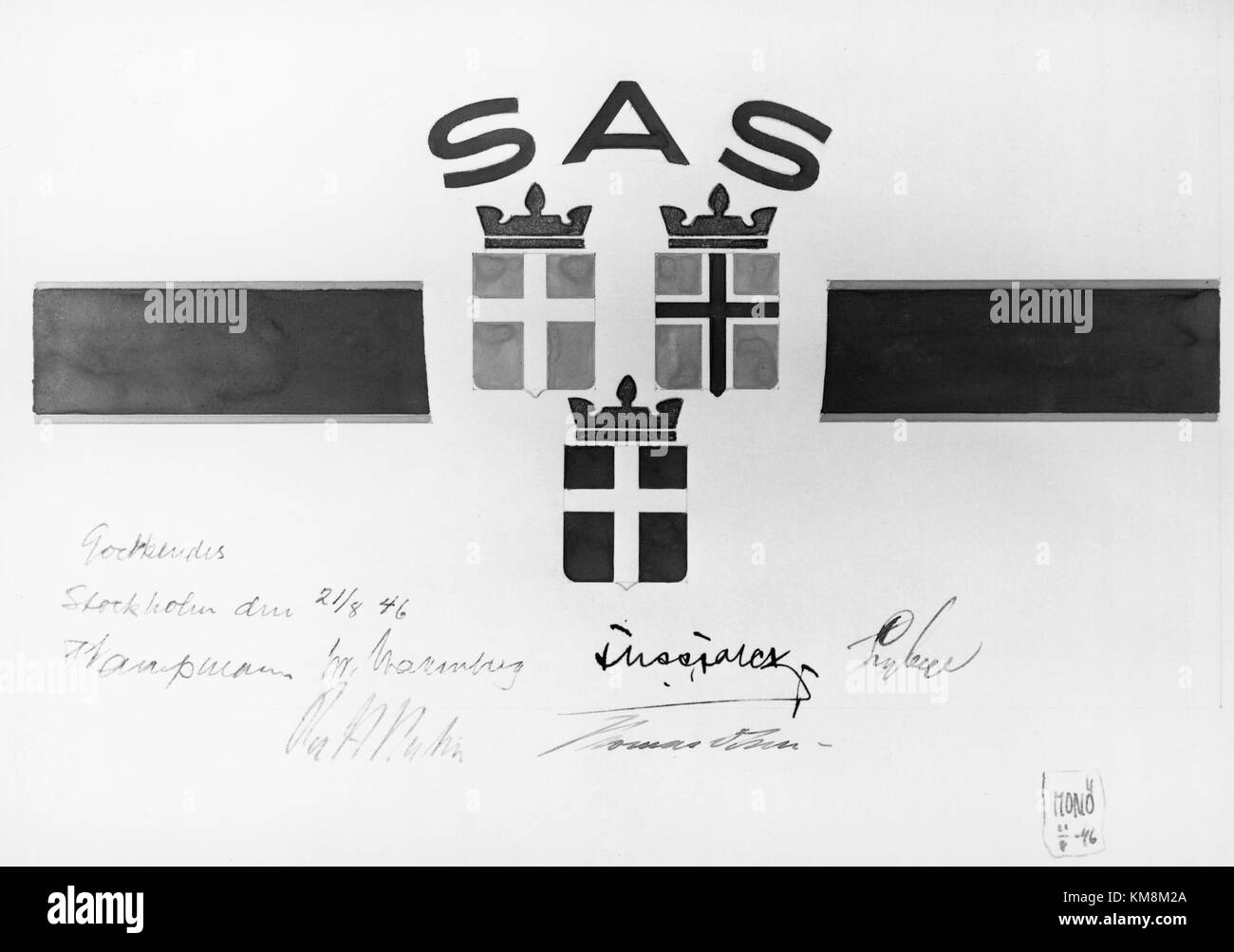 The SAS logo from 1946 represents the Scandinavian Airlines System's early visual identity, showcasing its evolution in the airline industry. The design reflects the company's commitment to modernity and innovation in aviation. Stock Photo