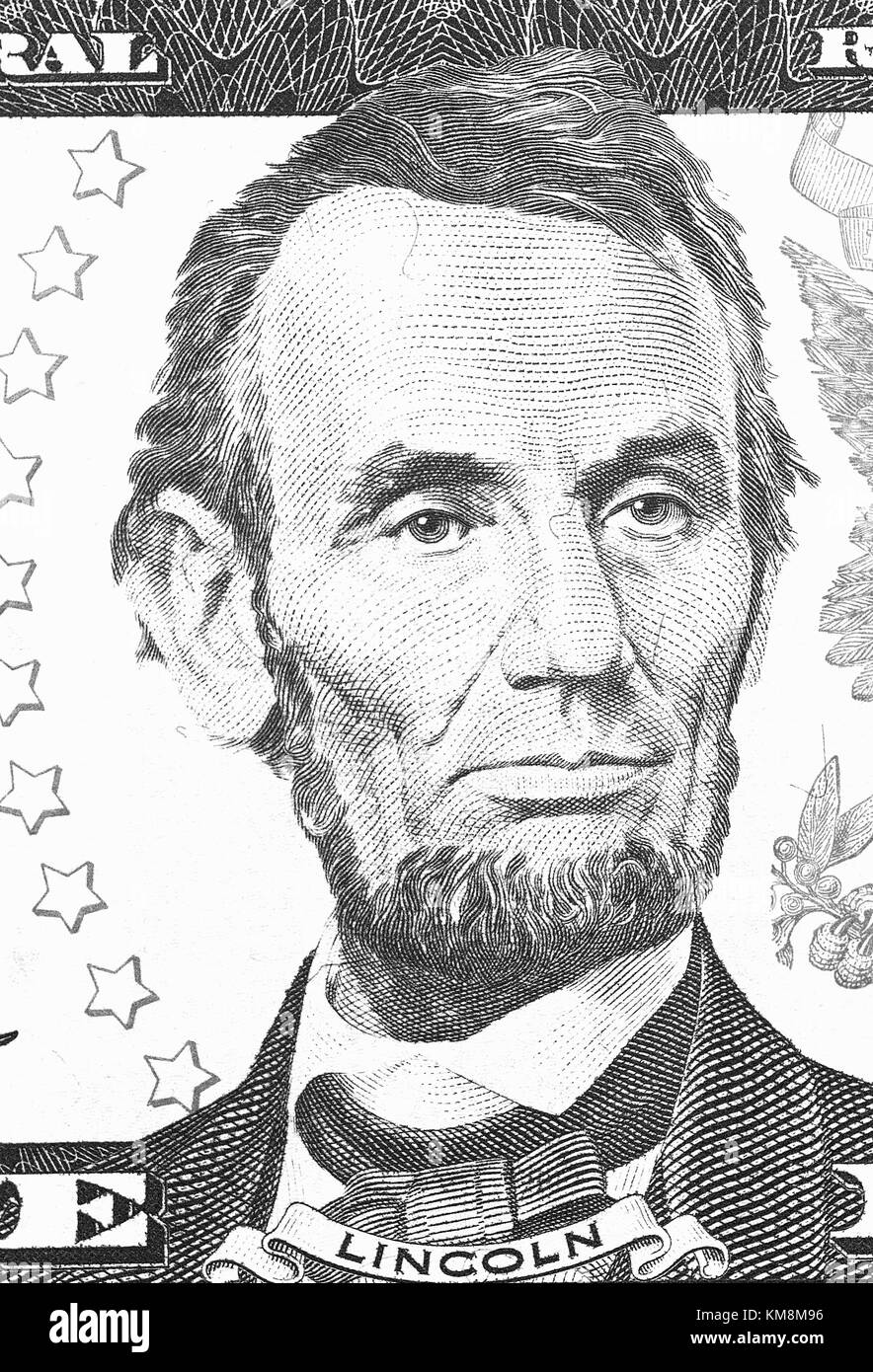 Abraham Lincoln portrait from us 5 dollars black and white Stock Photo