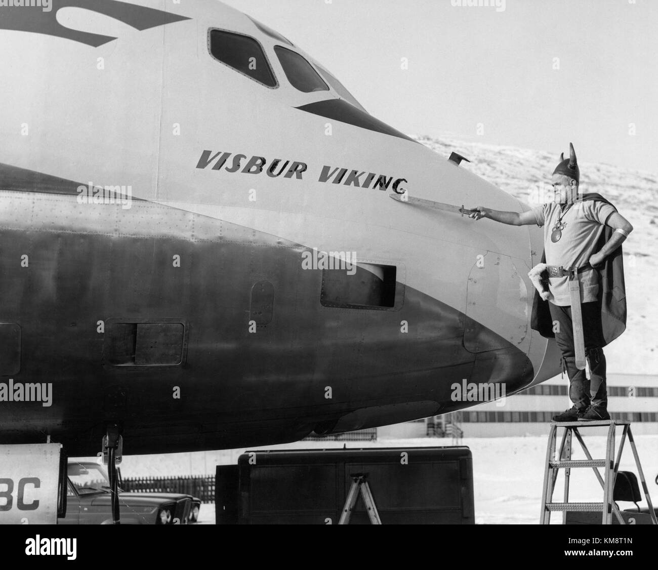 A photograph of the SAS DC 8 33 aircraft on the ground, featuring