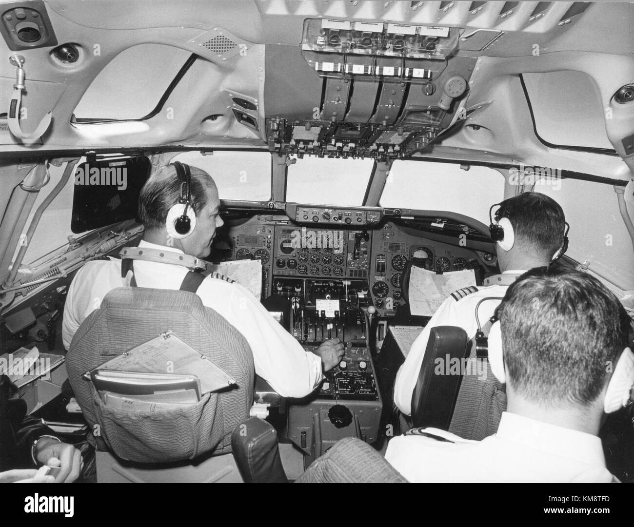 This image shows the interior of a SAS DC-8 33 aircraft before delivery, featuring the flight deck. The aircraft is part of the DC-8 series, known for its role in commercial aviation during the mid-20th century. The image highlights the design and layout of the flight deck before it was handed over for operational use. Stock Photo