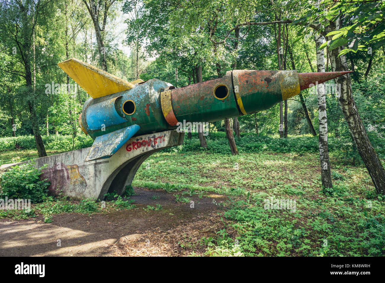 Old Soviet era playground equipment in Topilche Hydropark in Ternopil city, administrative center of the Ternopil Oblast region in western Ukraine Stock Photo
