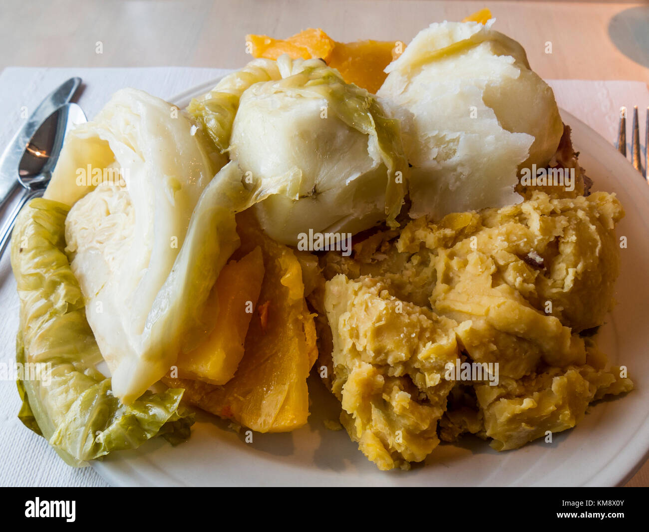 Jiggs dinner, a traditional  Newfoundland dish (salt beef, boiled potatoes, carrots, turnips & cabbage), Marine Atlantic Ferry, Canada. Stock Photo