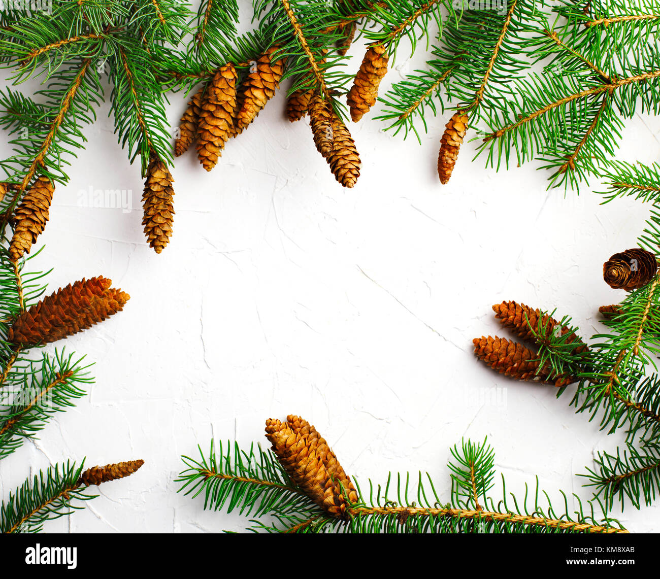 Christmas background with fir tree branches and pine cones on white ...