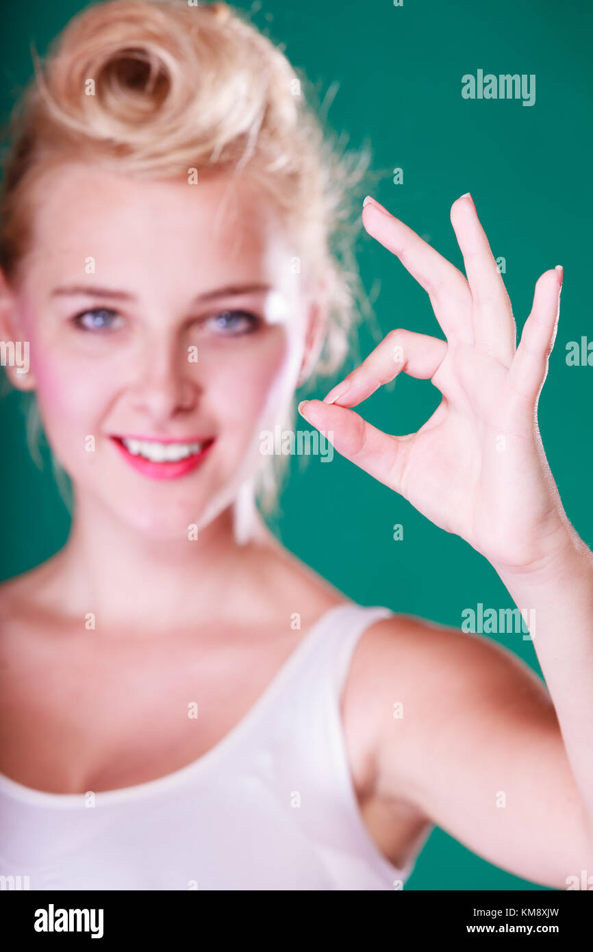 Symbols Gestures Concept Smiling Young Woman With Pin Up Hair