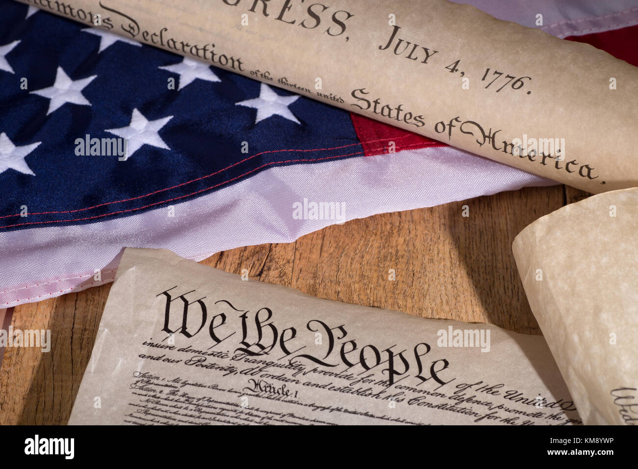 Preamble and declaration of independence with United States flag Stock