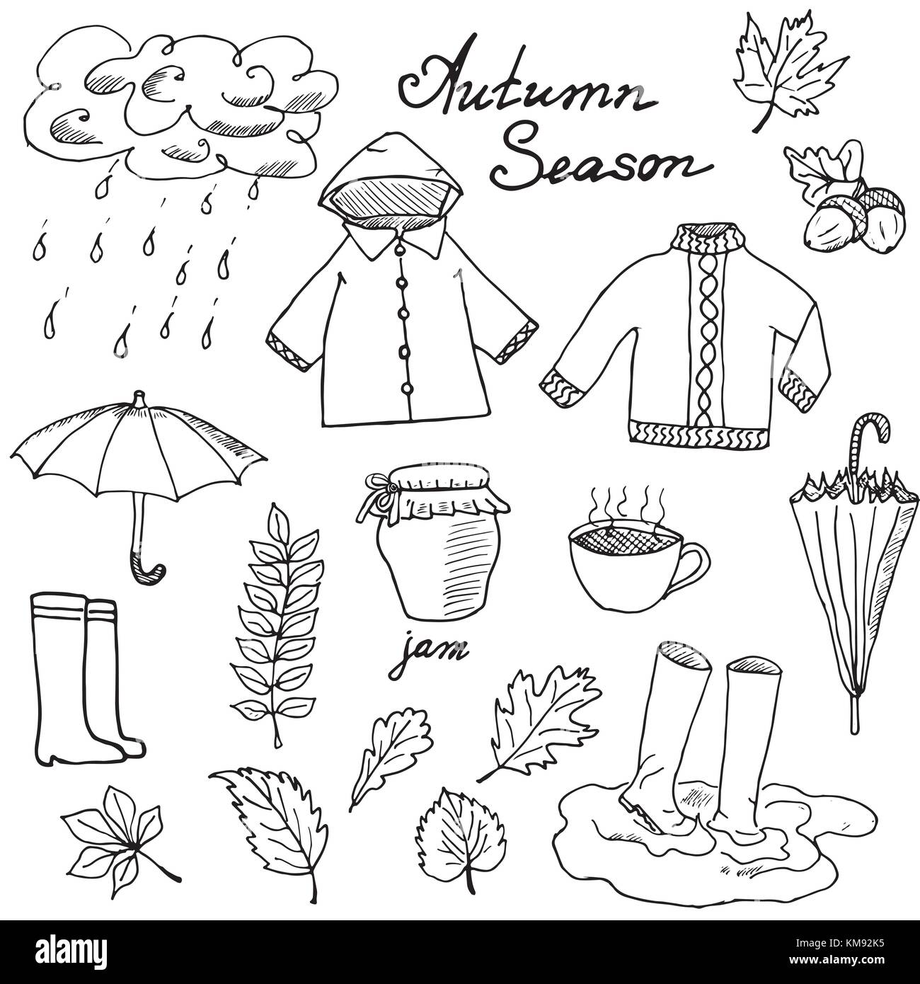 Autumn clothing set of black and white doodle elements. Vector illustration  of raincoat, hat, scarf, boots, sweater and socks isolated on white  background. 11363051 Vector Art at Vecteezy