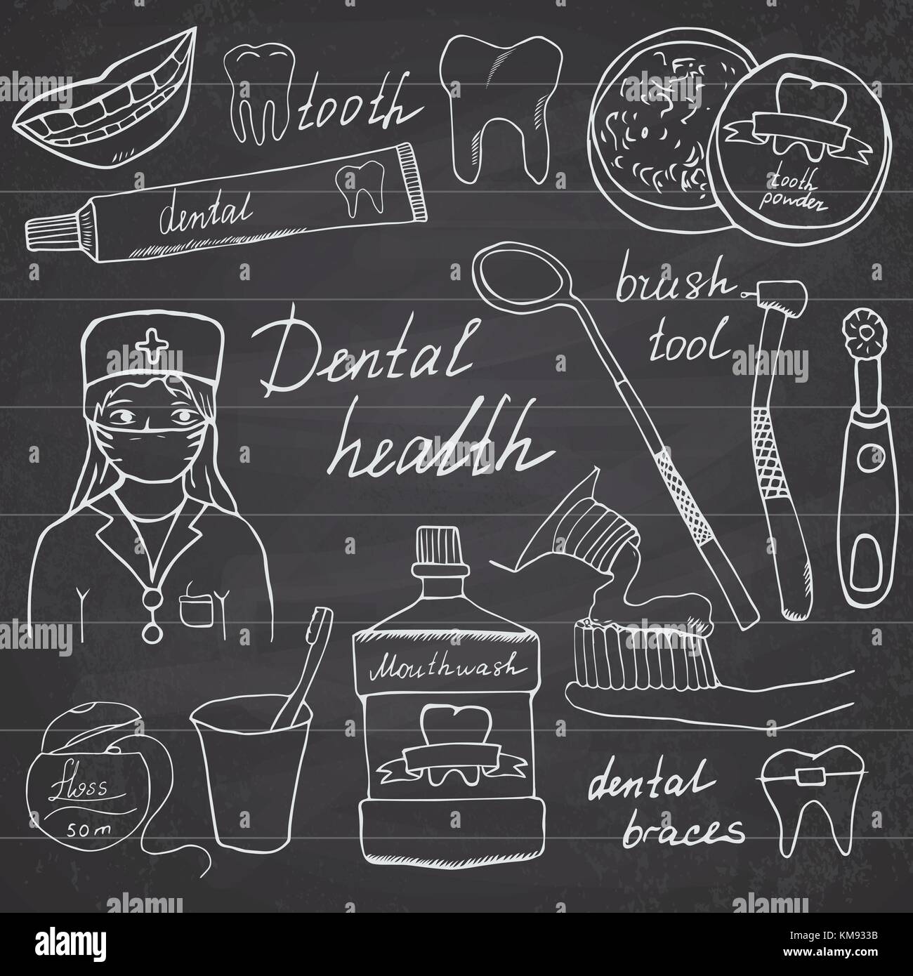 Dental health doodles icons set. Hand drawn sketch with teeth, toothpaste toothbrush dentist mouth wash and floss. vector illustration on chalkboard b Stock Vector