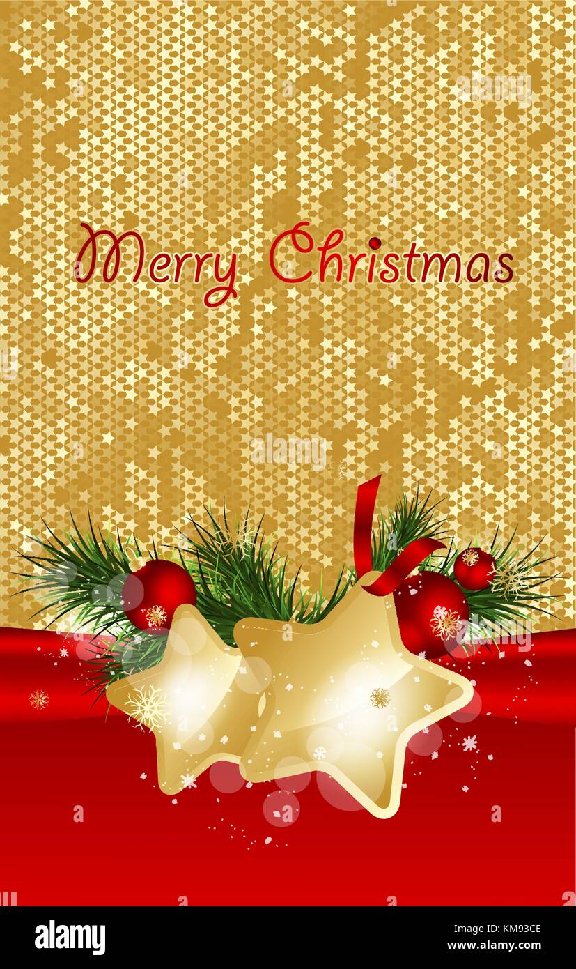 Christmas background with fir branches and gold stars with decorations ...