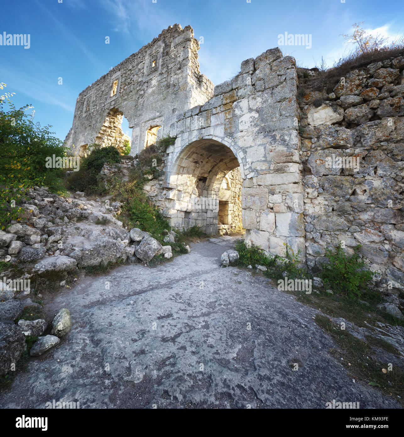 Crimea,  ruins citadel on top of mountain Mangup Kale Stock Photo