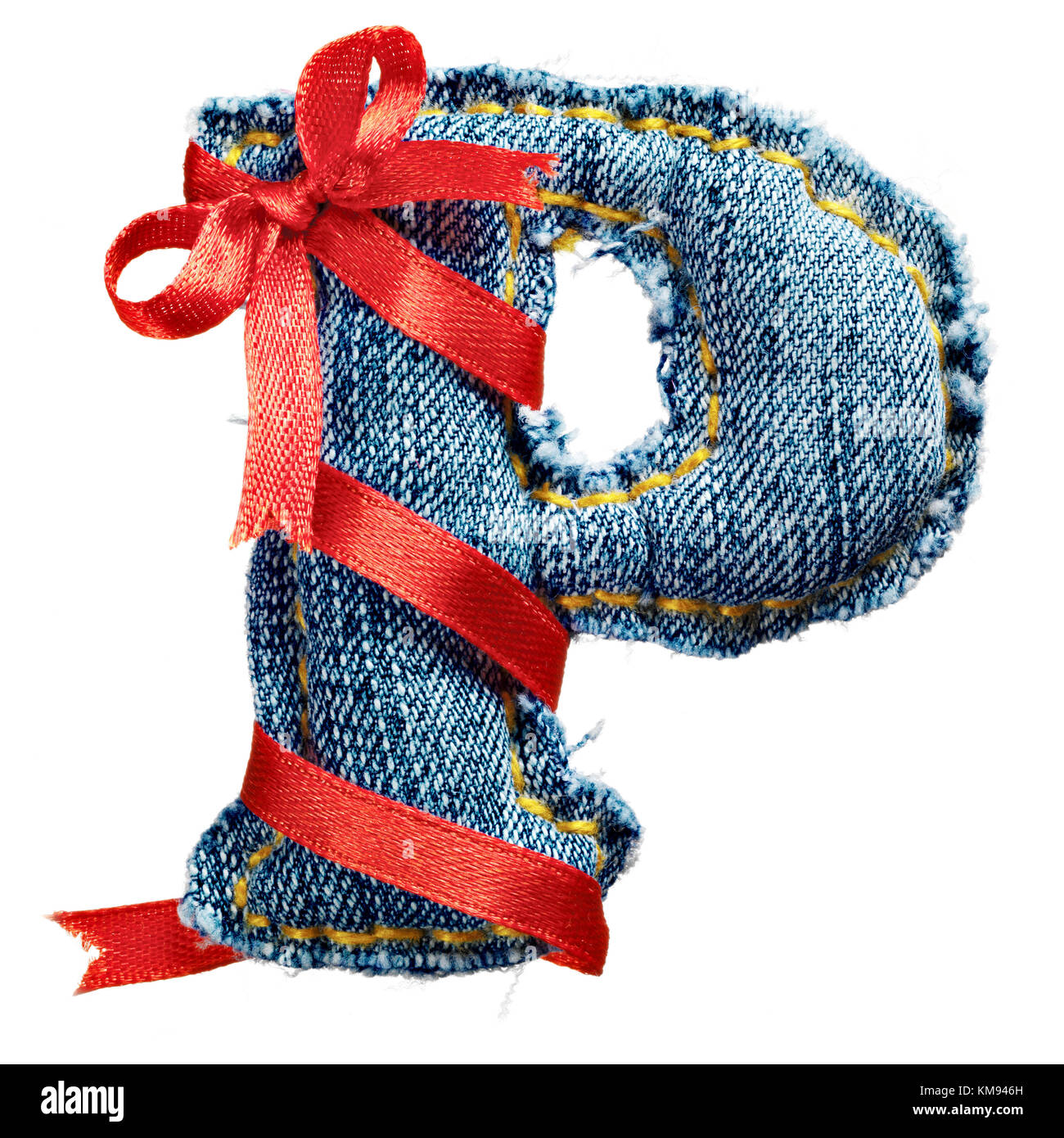 Magic holiday jeans alphabet letter P with red ribbon Stock Photo - Alamy