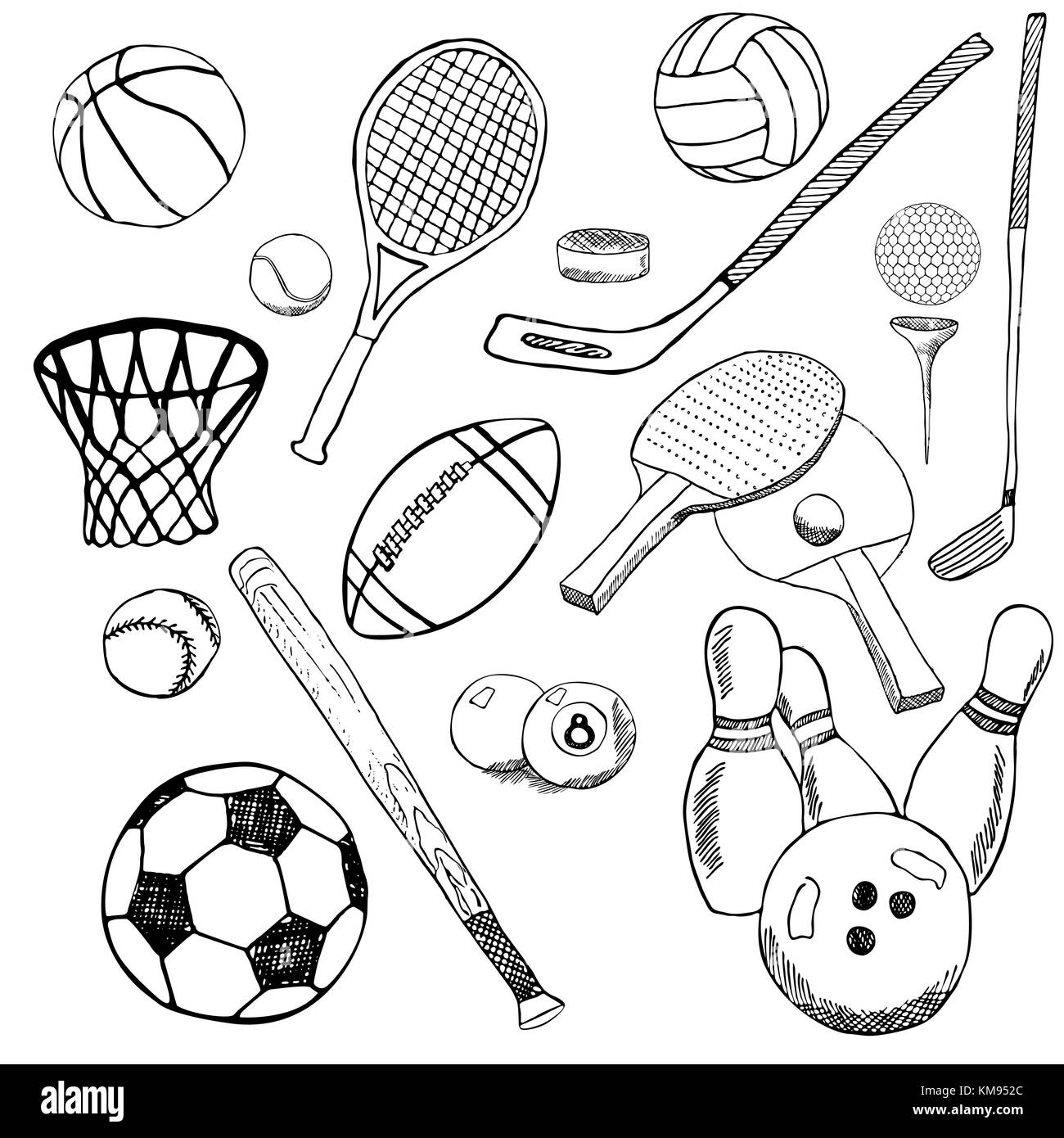 Sport balls Hand drawn sketch set with baseball, bowling, tennis ...