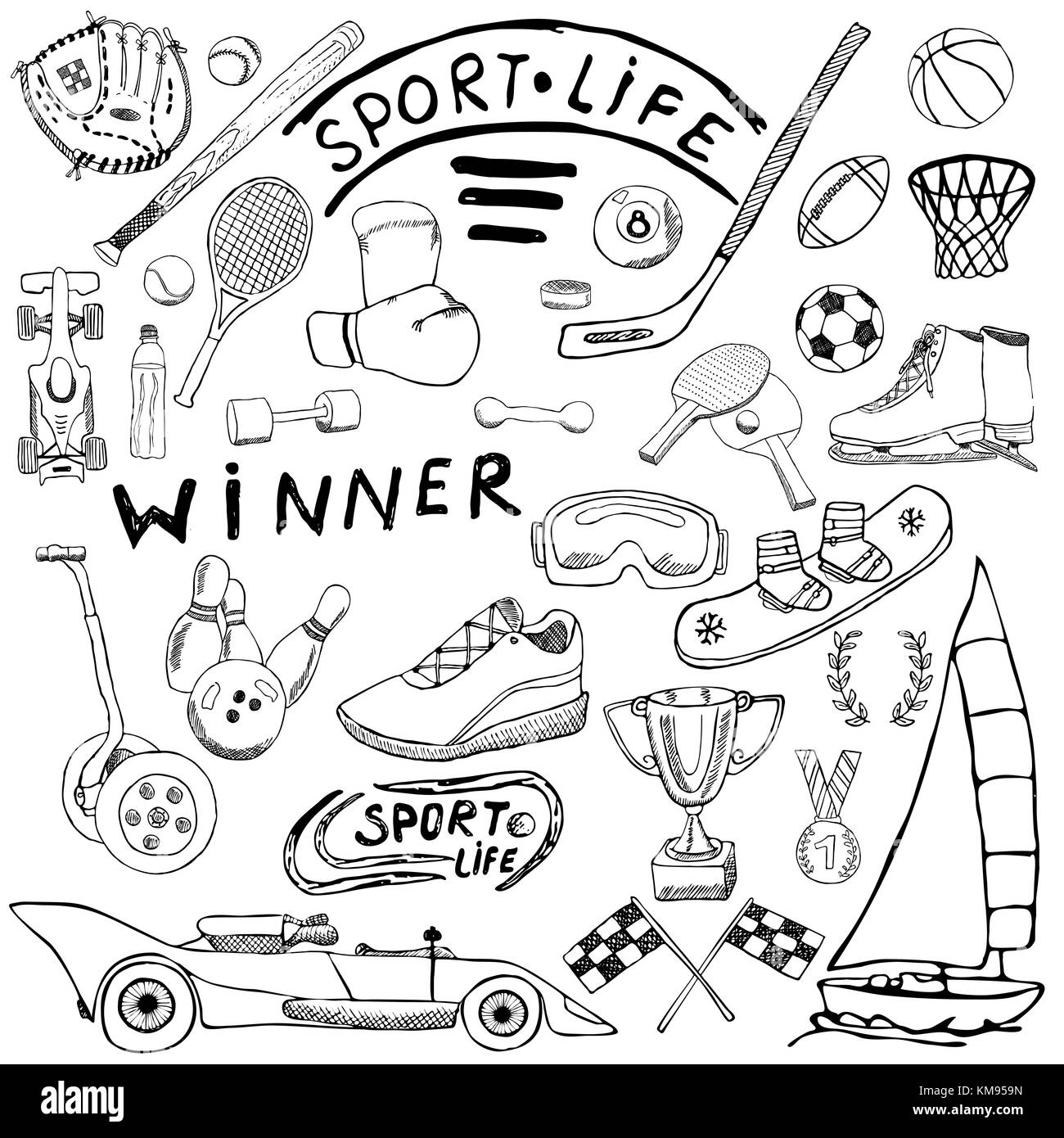 Sport life sketch doodles elements. Hand drawn set with baseball ...