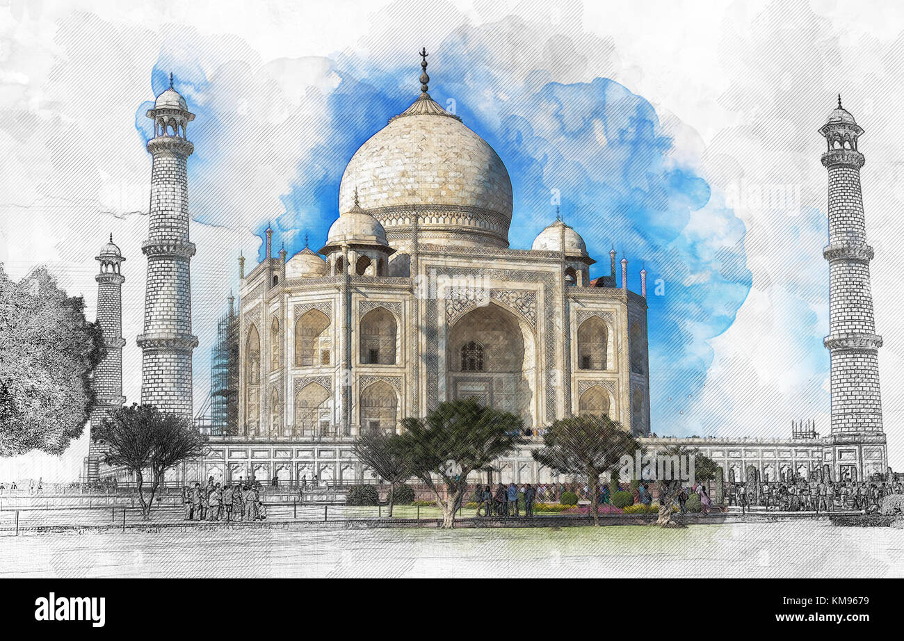 Taj Mahal India illustration sketch art with perspective lines Stock Photo  - Alamy