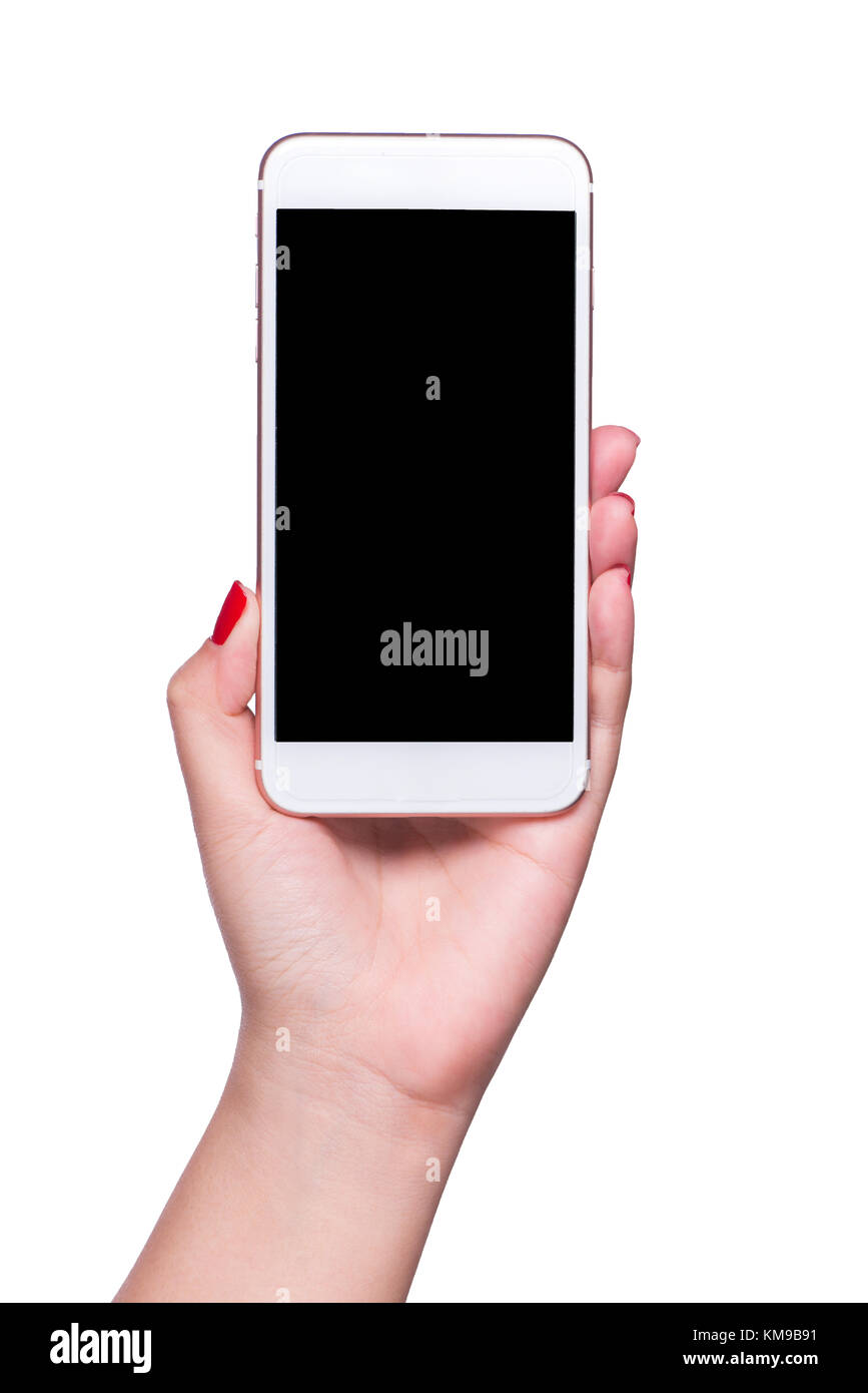 Modern smartphone in female hand isolated on white background Stock ...