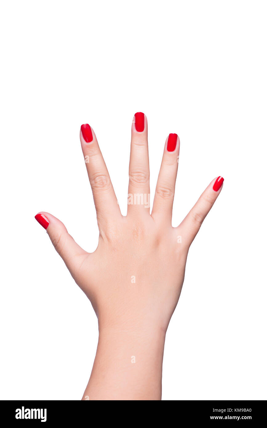Female hand showing the gesture with five fingers is isolated on white