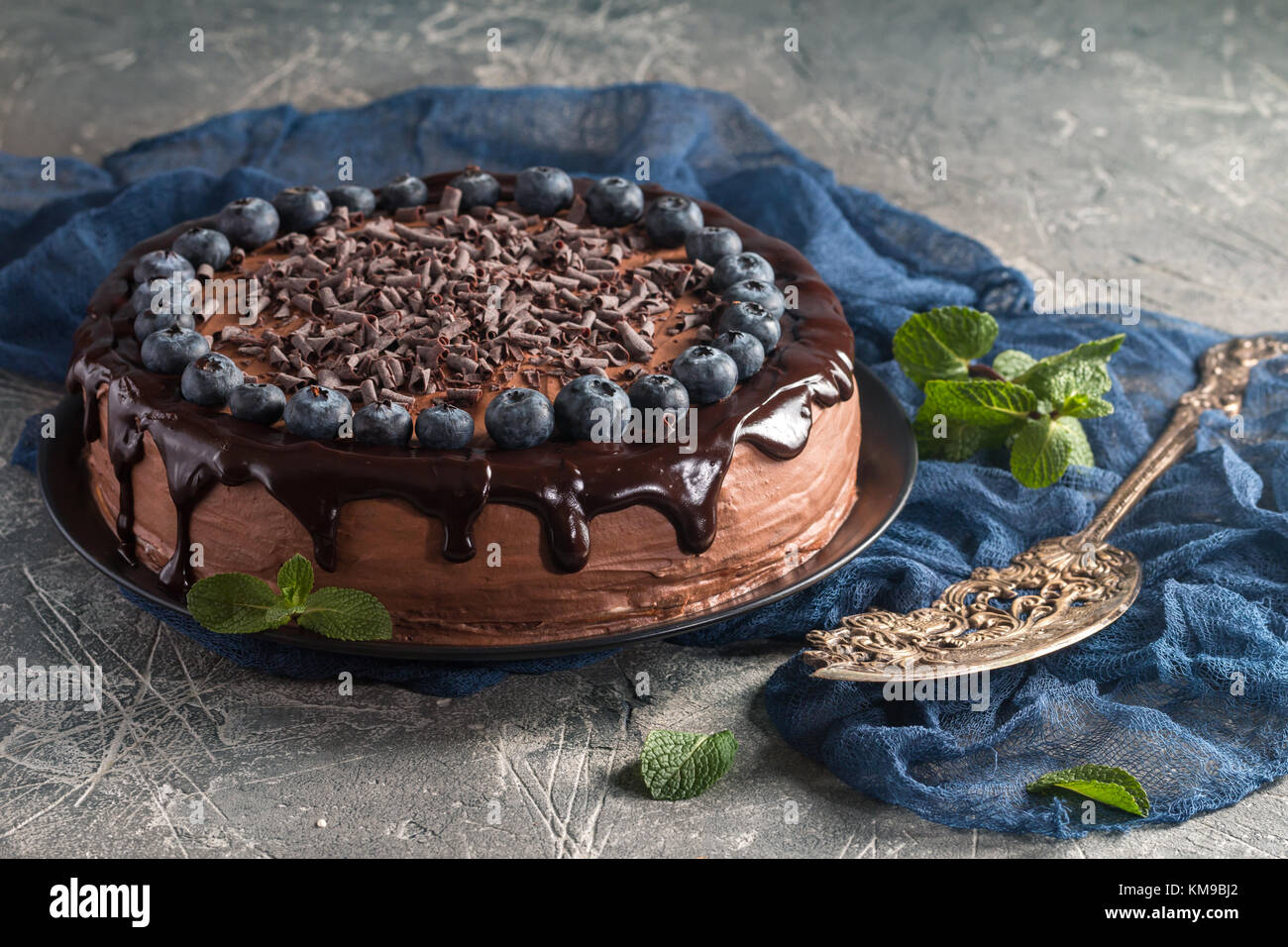 super chocolate cake with chocolate sauce and blueberry Stock Photo - Alamy