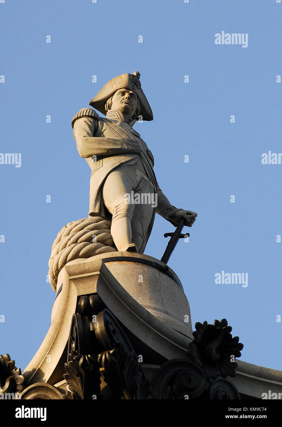 The statue of Nelson opn nelson's Column in Trafalghar Square Stock Photo