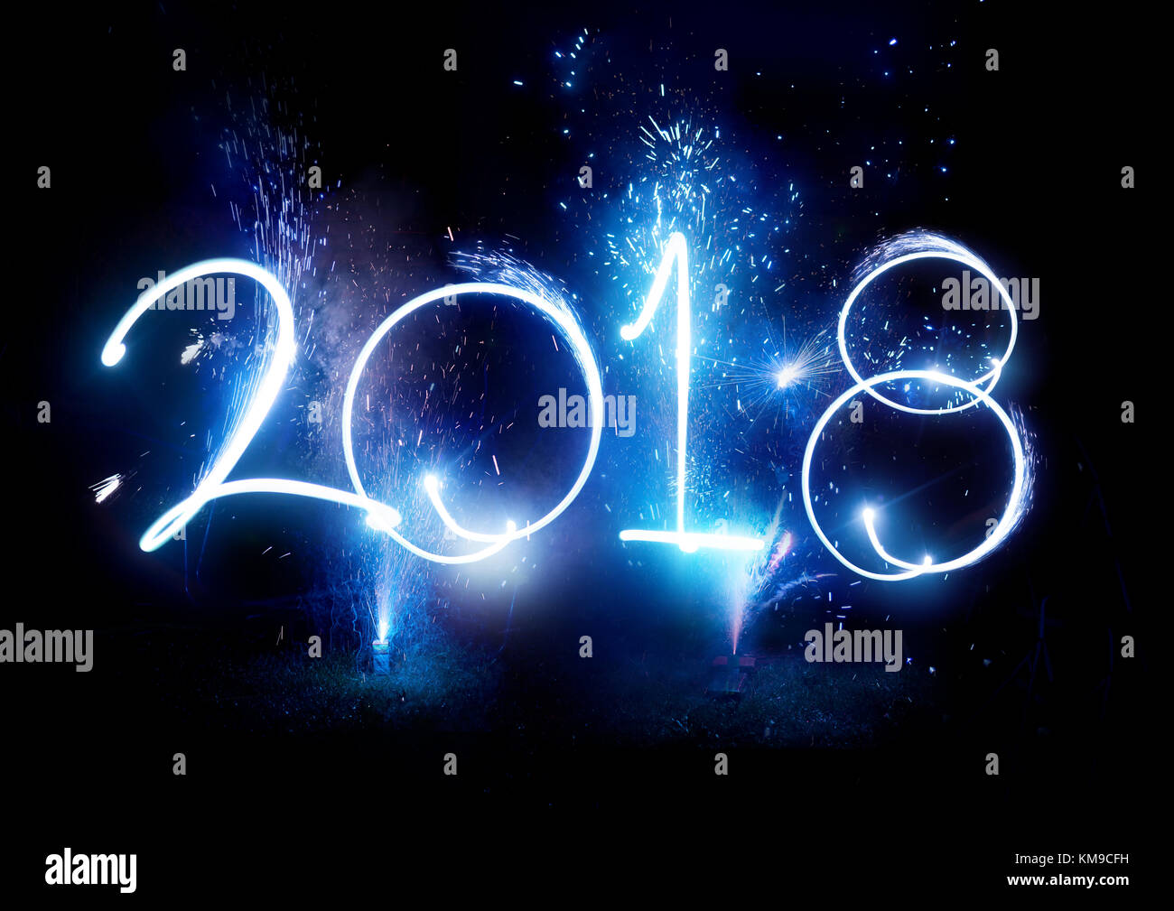 2017 Fireworks party -  Happy New Year Display celebrations!2017 written in light trails and fireworks. Stock Photo
