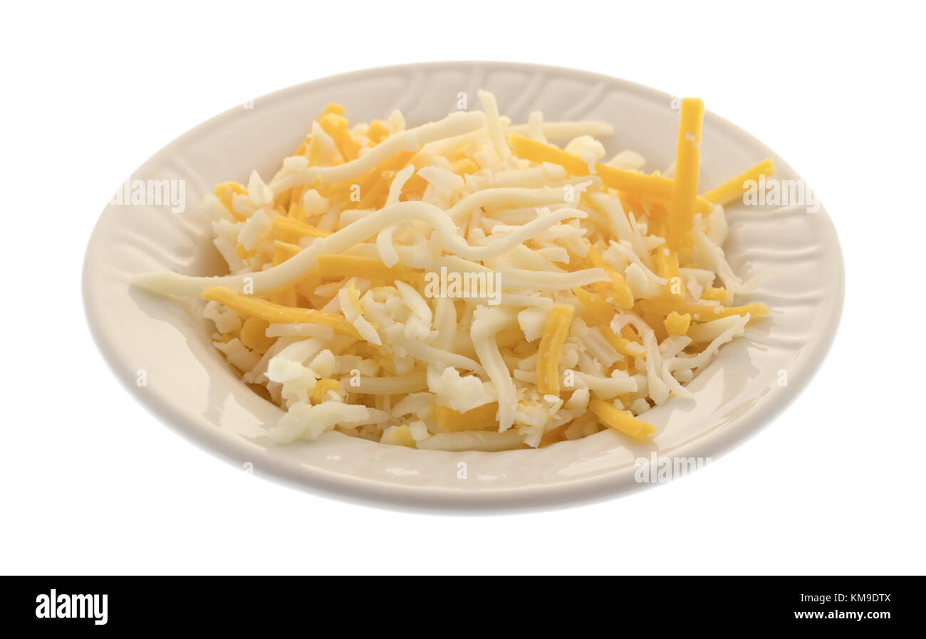A blend of mozzarella and cheddar cheeses for pizza topping in a small