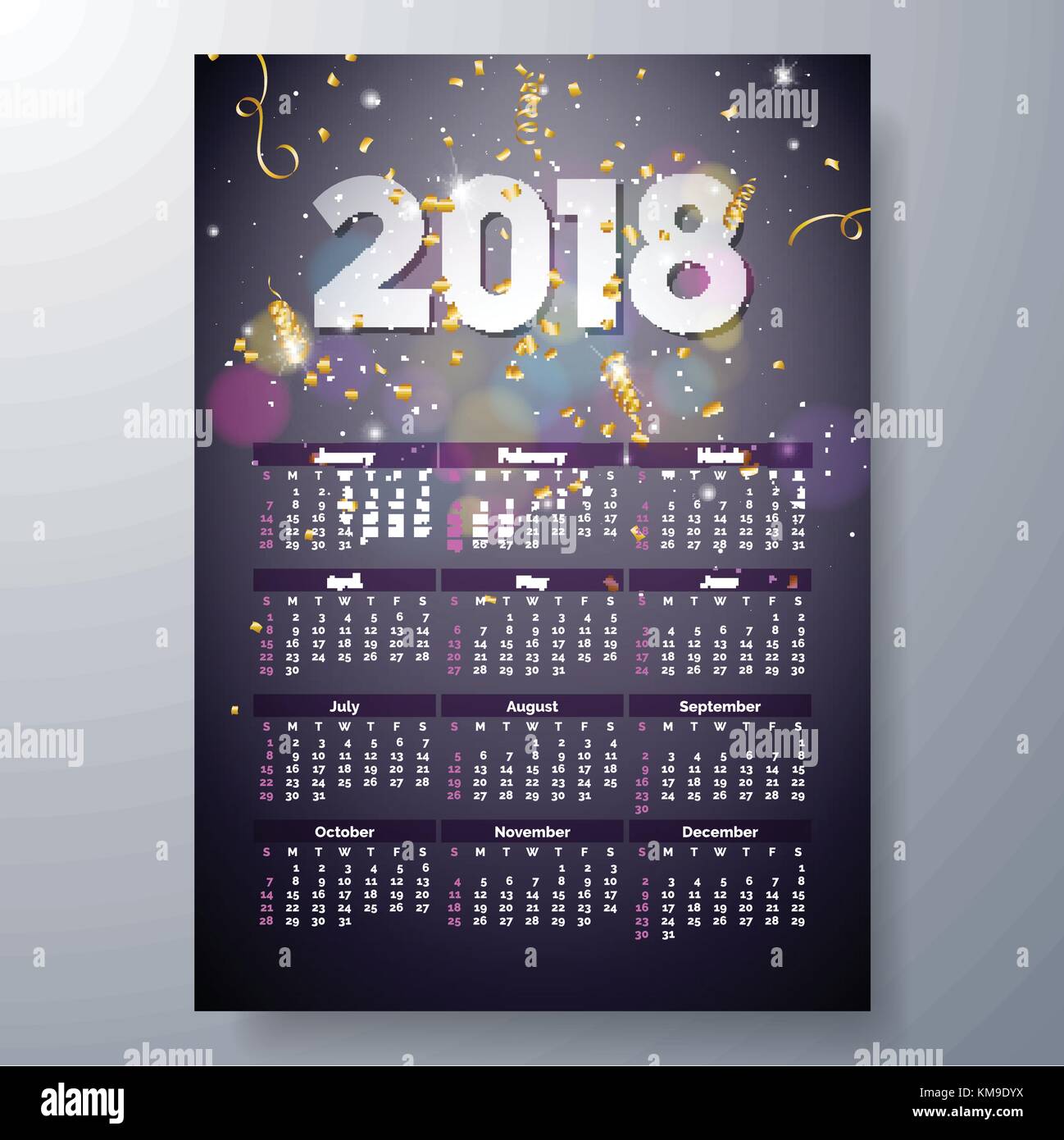 2018 Calendar Template Illustration with 3d Number on Shiny Fireworks Background. Week Starts on Sunday. Vector Design. Stock Vector