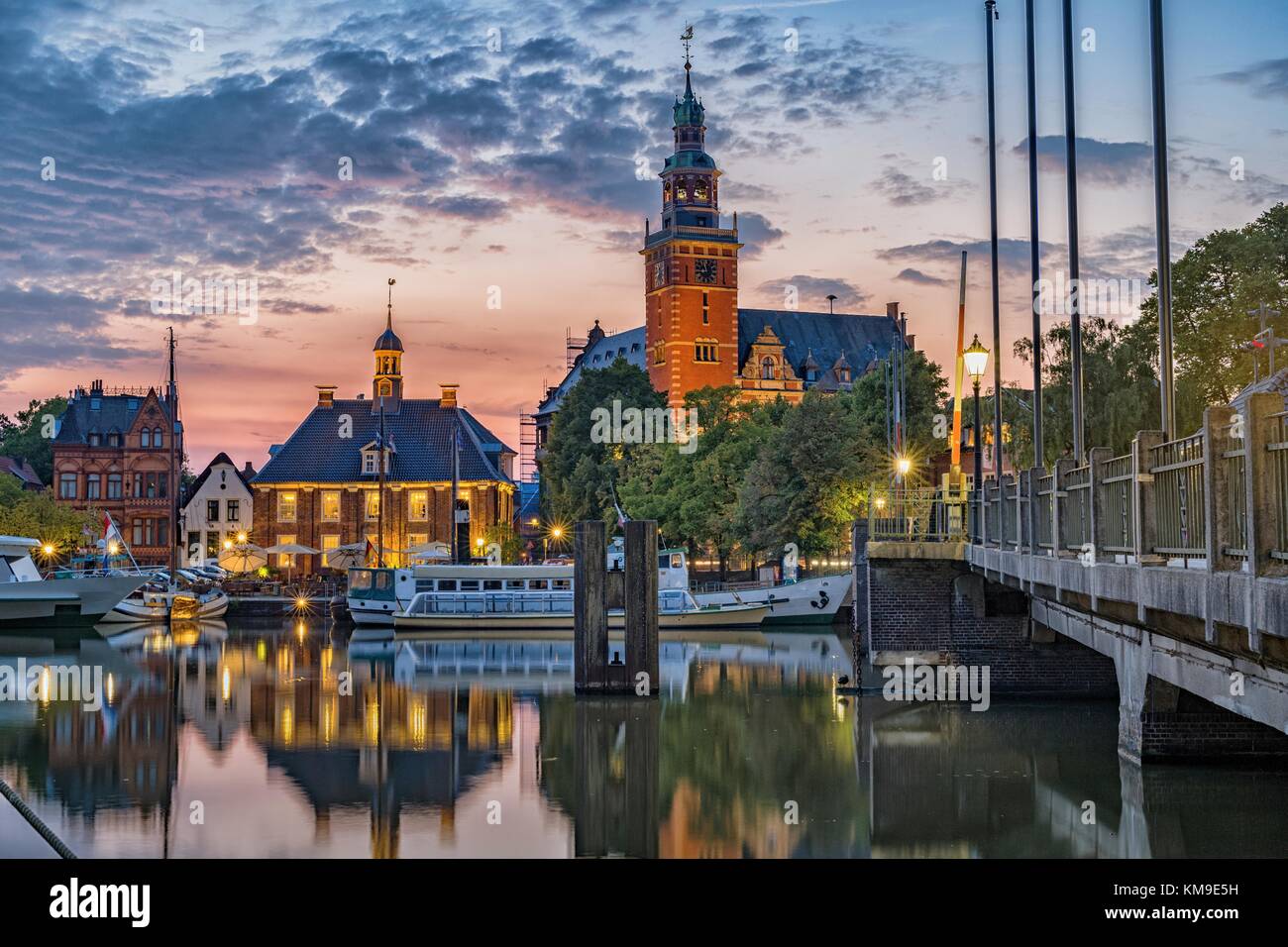 Townscape at sunset, Leer, Lower Saxony, Germany Stock Photo