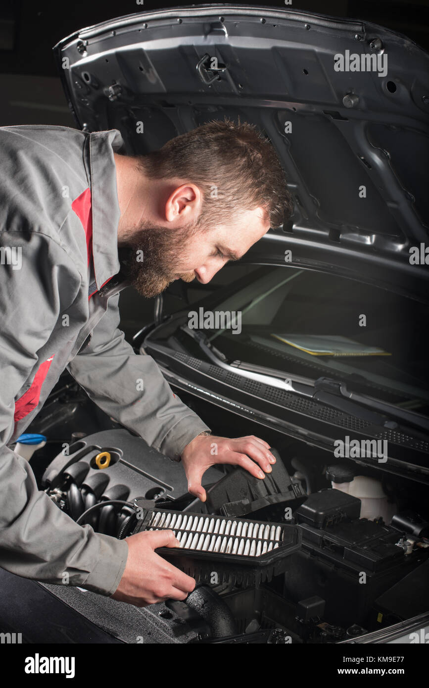 Mechanic changing the air filter on a car Stock Photo