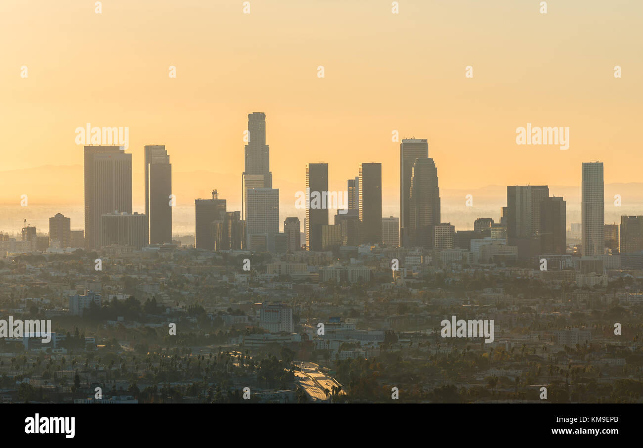 City skyline at sunset, Los Angeles, California, United States Stock Photo