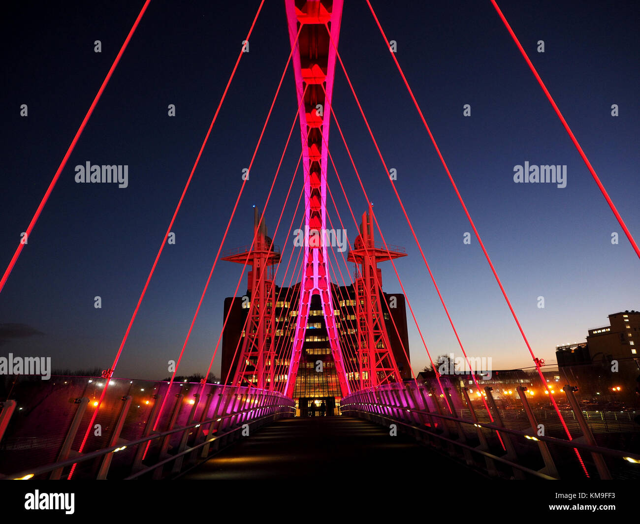 dramatic bright vision of the Lowry Bridge, Salford Quays Manchester