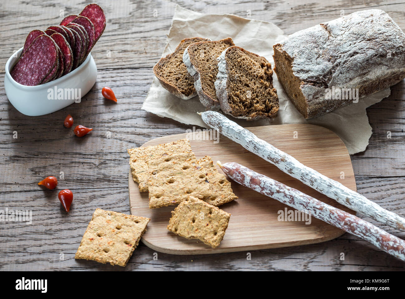 Salami with bread Stock Photo Alamy