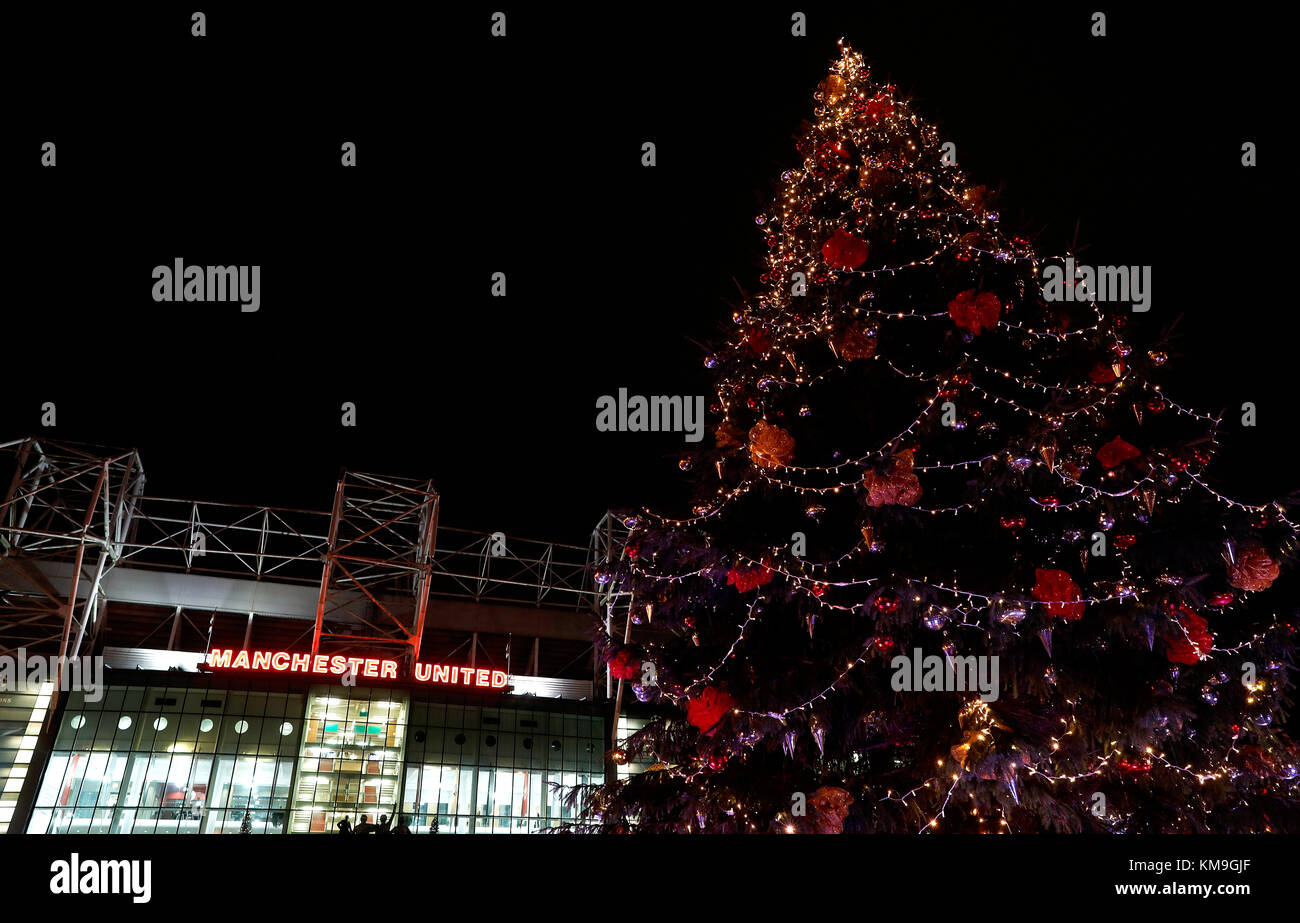 A view of a Christmas tree outside the stadium before the UEFA Champions  League match at Old Trafford, Manchester Stock Photo - Alamy