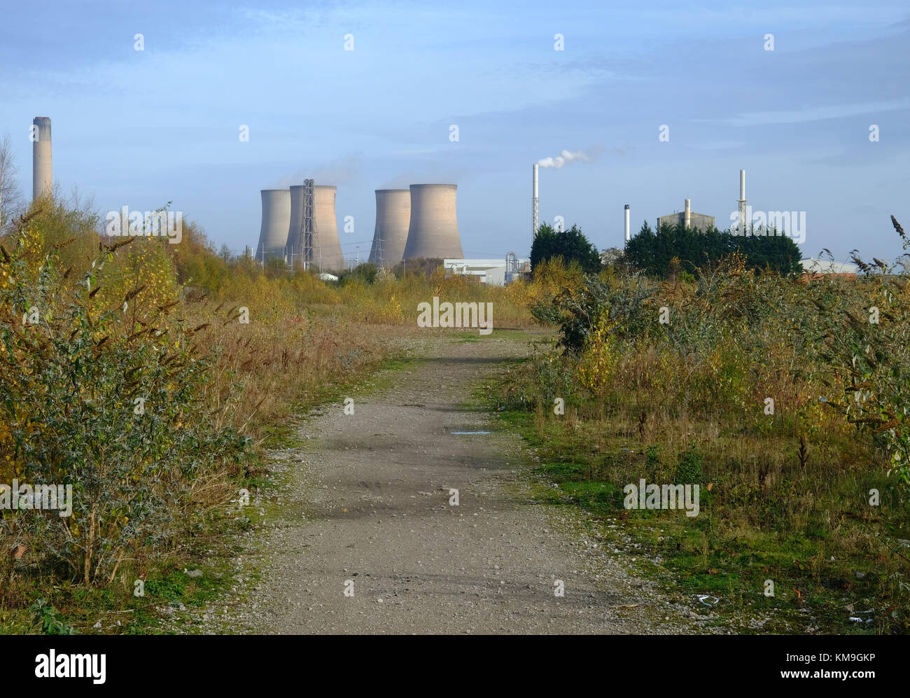 Fiddlers Ferry power station viewed across a derelict landscape Stock Photo