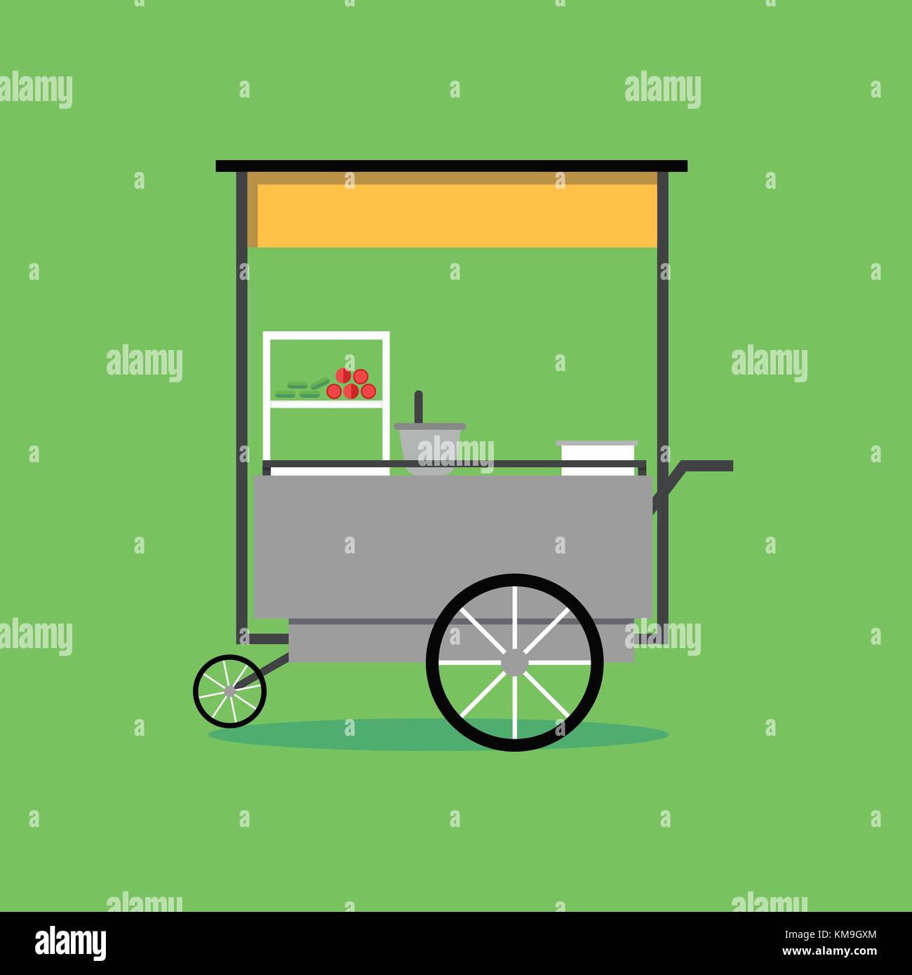 Flat Thai street food vending cart with green background vector illustration .Papaya salad spicy cart on wheel. Stock Vector