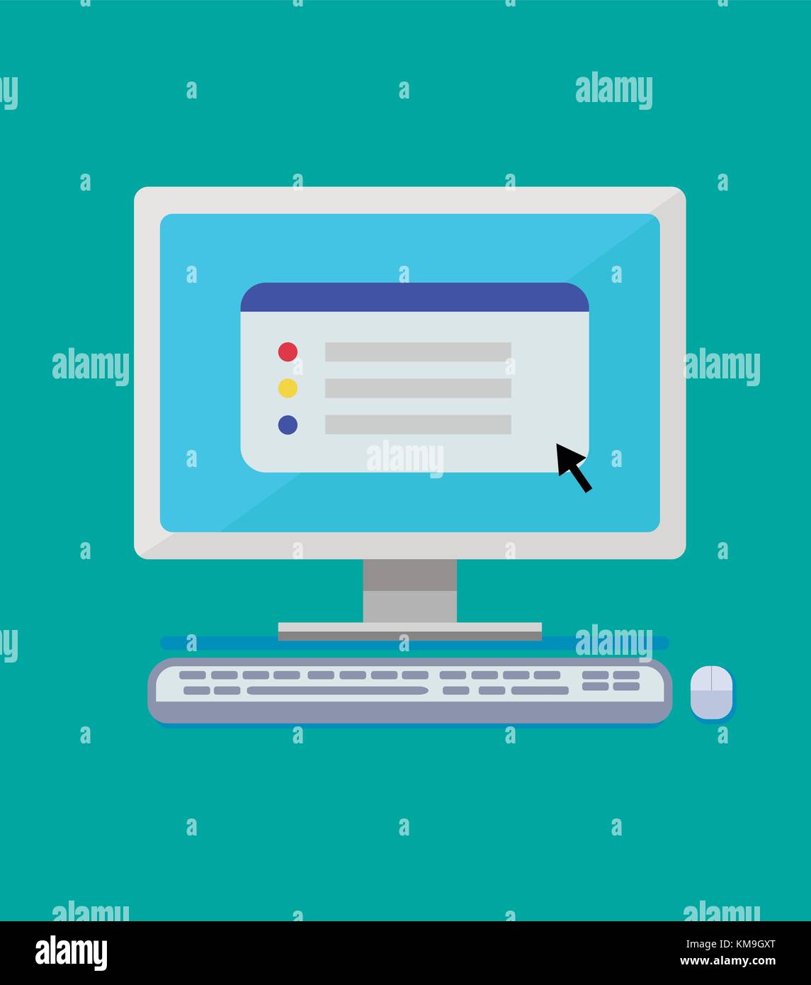 Flat computer design with keyboard, mouse and simple website show on screen vector illustration. Stock Vector