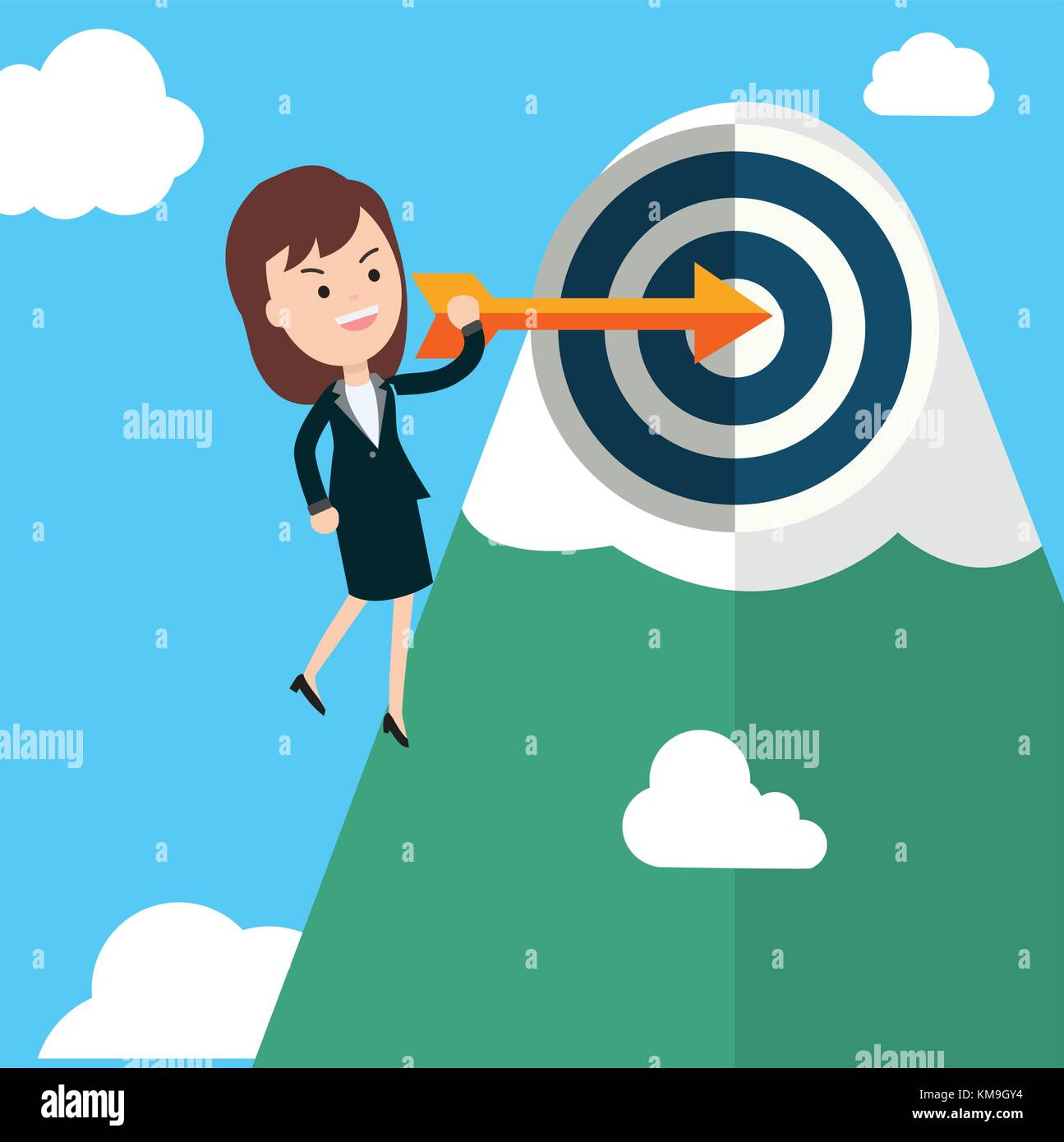 Businesswoman hold arrow and shoot to the goal with mountain and sky background vector illustration.Success goal business concept illustration Stock Vector