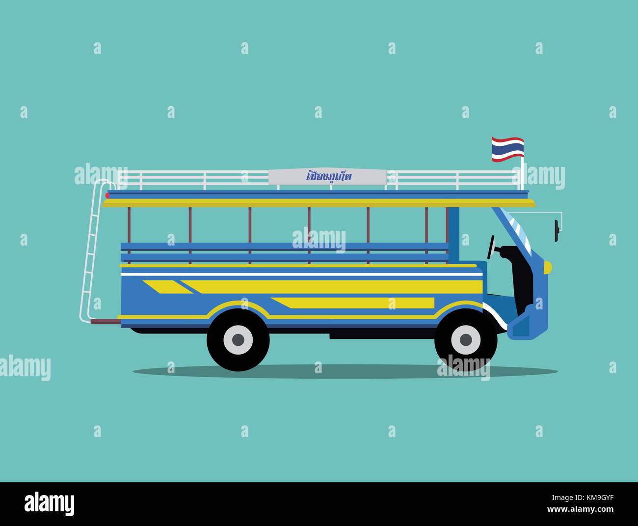 Thailand Minibus design.Local car in Phuket Thailand.Classic bus vector illustration.Text in the image mean 'Phuket is province in southern of Thailan Stock Vector