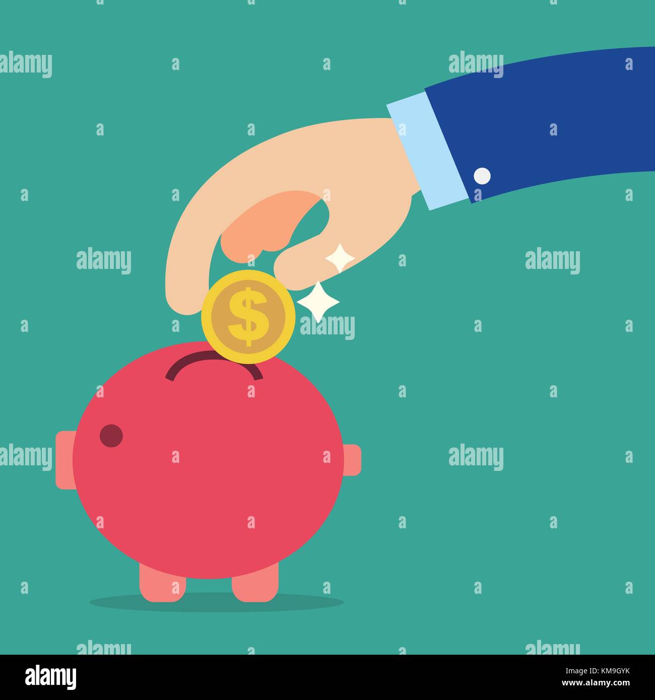 Business hand holding coin into red piggy bank with green background.Saving money concept Stock Vector