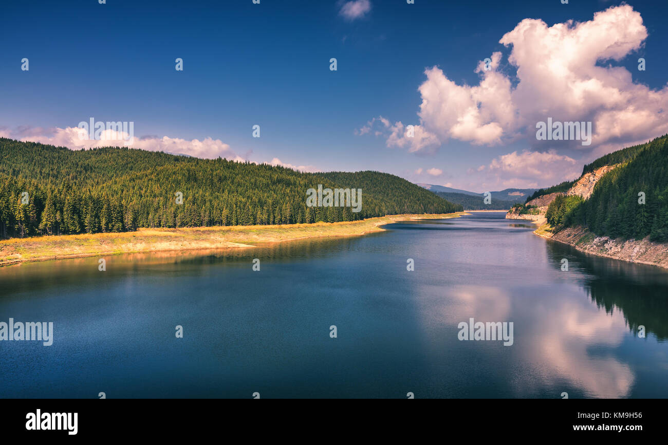 Landscape with lake Oasa in Romanian Carpathians, Transalpina. Stock Photo