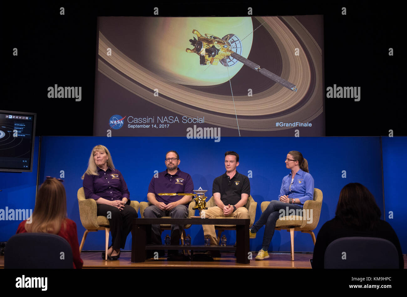 Cassini Project Scientist Linda Spilker (left), Cornell University Cassini Interdisciplinary Titan Scientist Jonathan Lunine, Cassini Composite Infrared Spectrometer (CIRS) Instrument Deputy Principle Investigator Connor Nixon, and Cassini Assistant Project Science Systems Engineer Morgan Cable participate in a panel discussion on the end of the Cassini-Huygens Saturn mission at the NASA Jet Propulsion Laboratory September 14, 2017 in Pasadena, California.  (photo by Joel Kowsky  via Planetpix) Stock Photo