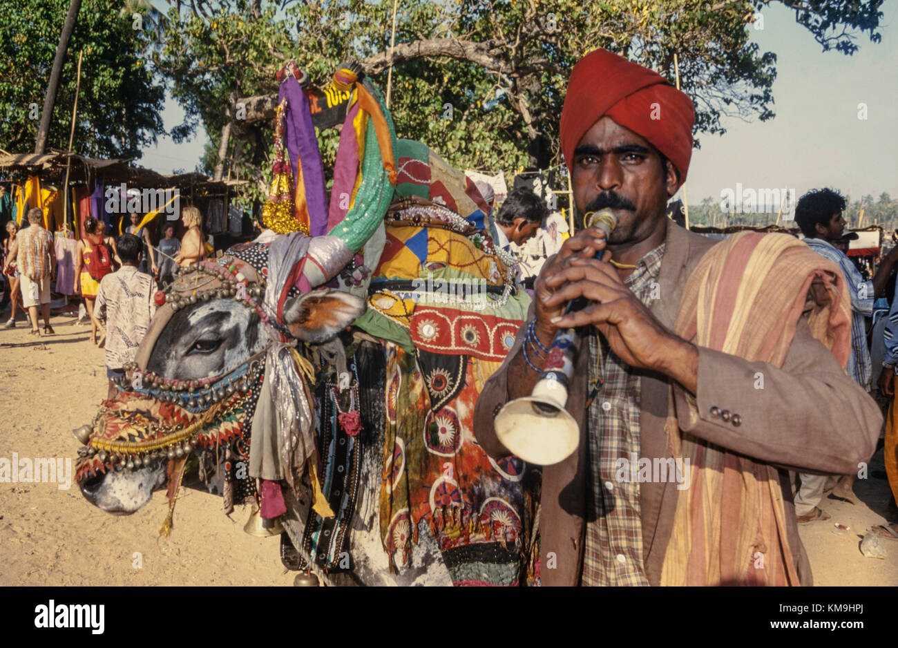 Hippie Flea Market , Flute player with cow at Anjuna Beach , North Goa