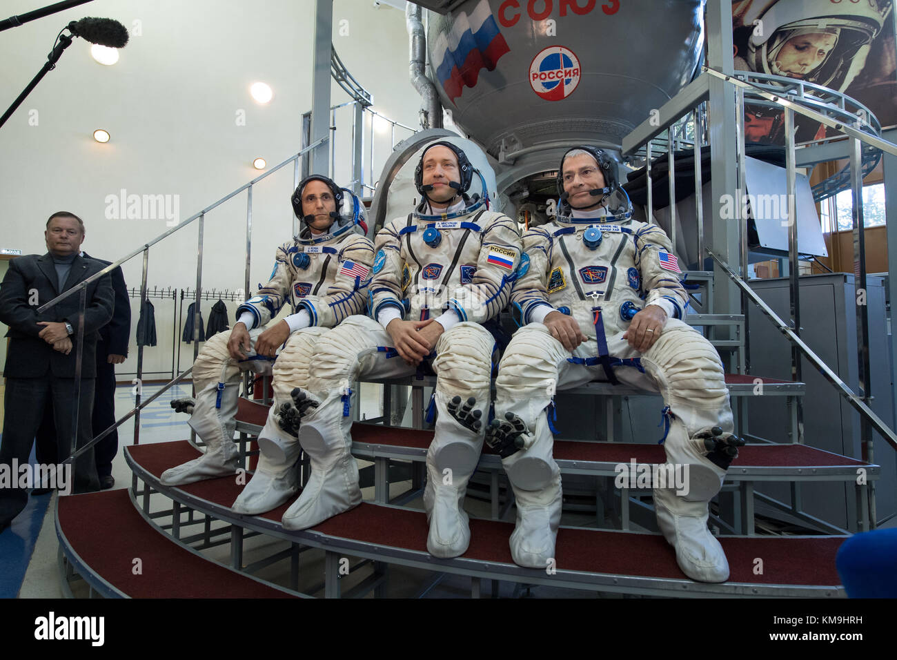 NASA International Space Station (ISS) Expedition 53 prime crew members (L-R) American astronaut Joe Acaba, Russian cosmonaut Alexander Misurkin of Roscosmos, and American astronaut Mark Vande Hei prepare for their Soyuz qualification exams outside the Soyuz simulator prior to the Soyuz MS-06 spacecraft launch at the Gagarin Cosmonaut Training Center August 31, 2017 in Star City, Russia.   (photo by Bill Ingalls  via Planetpix) Stock Photo