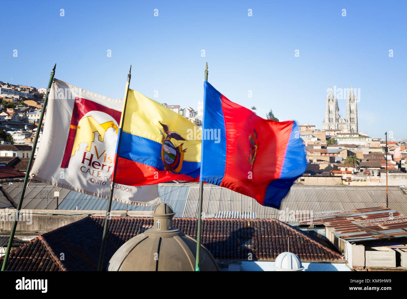 Ecuador - colorful flags and the Basilica, in Quito old town, Ecuador South America Stock Photo
