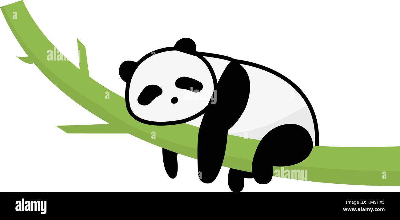Panda sleep on tree vector isolated white.Panda cartoon rest on bamboo. Stock Vector