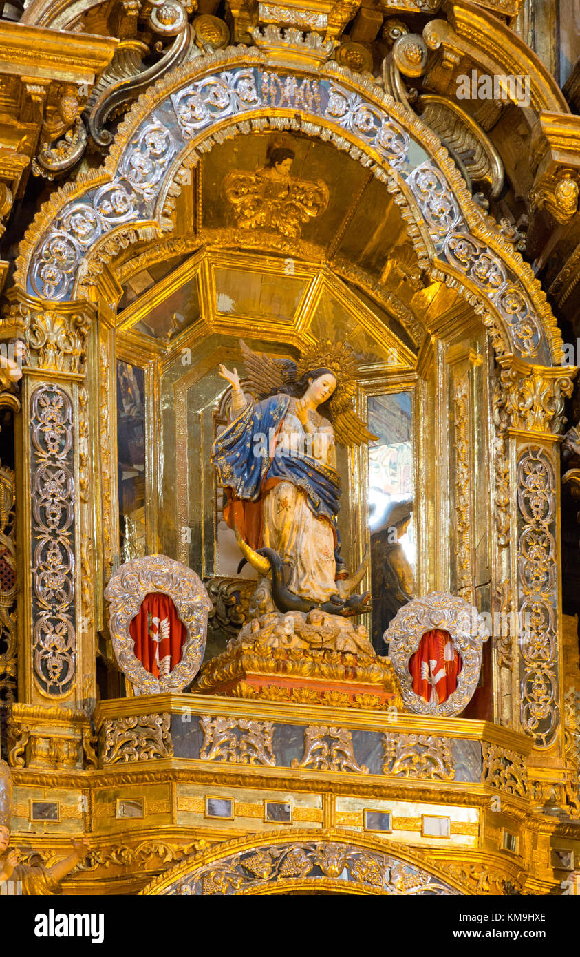 The Virgin of Quito, the original wooden statue by Bernardo de Legarda, in the Church and Convent of San Francisco, Quito, Ecuador Stock Photo